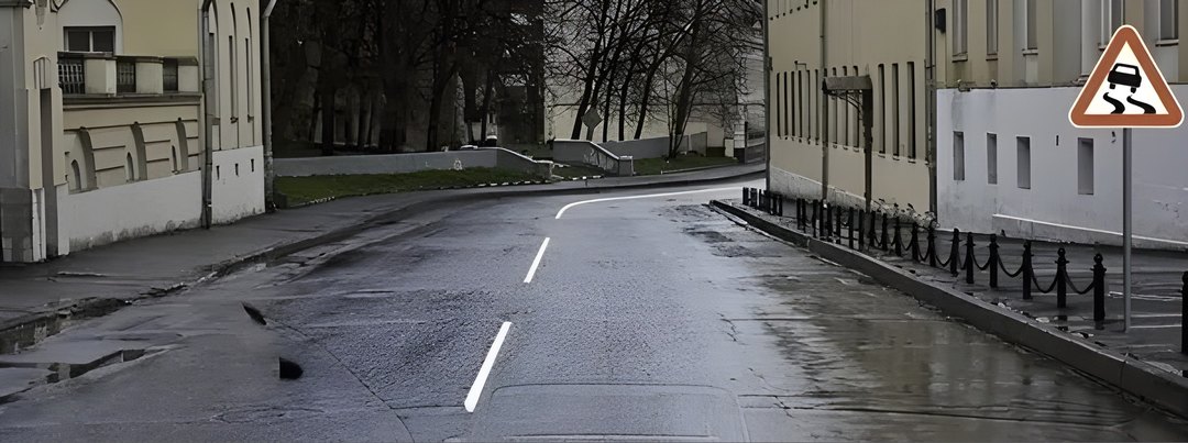 На каком расстоянии до скользкого участка дороги устанавливается данный знак в населённом пункте?